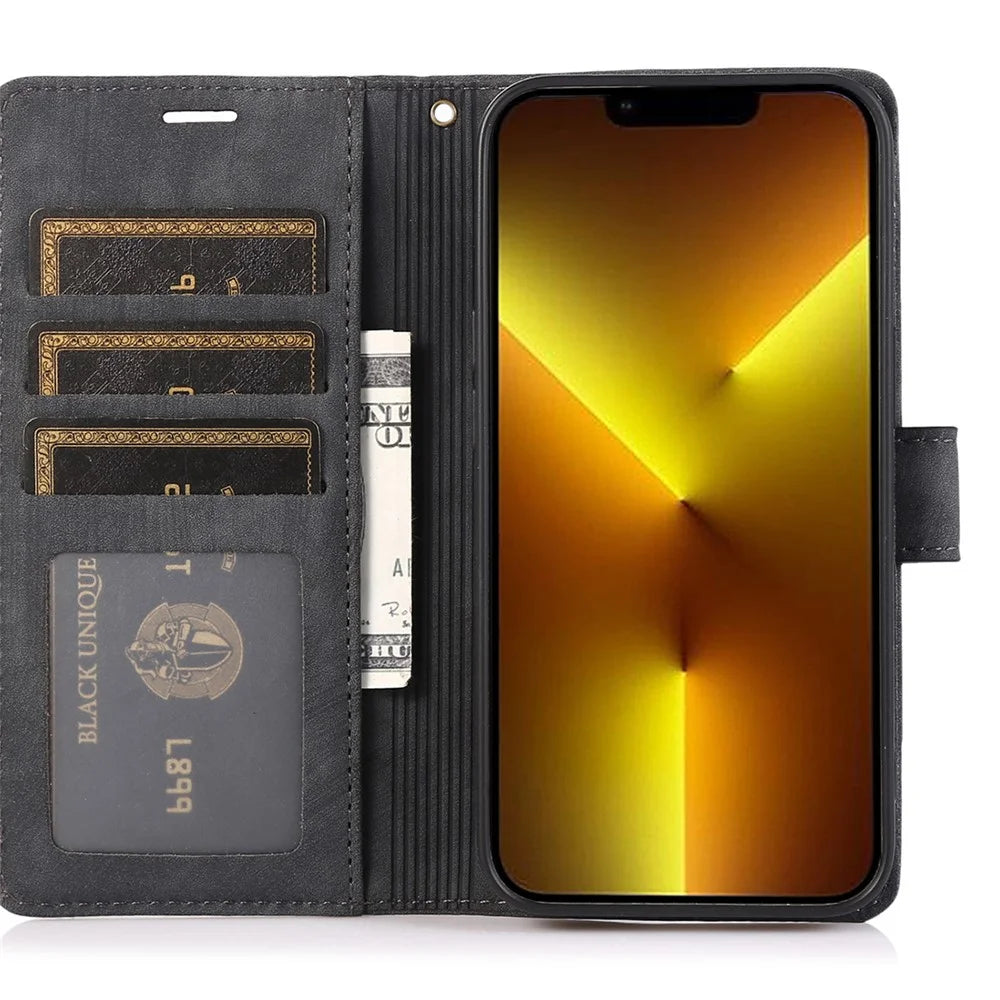 For iPhone 13 Pro Leather Wallet Case with Strap Orchid Butterfly Pattern - Black - 2