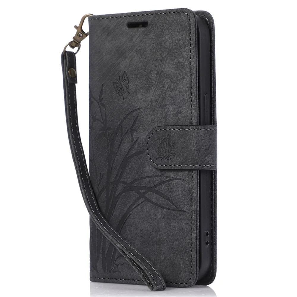 For iPhone 13 Pro Leather Wallet Case with Strap Orchid Butterfly Pattern - Black - 5