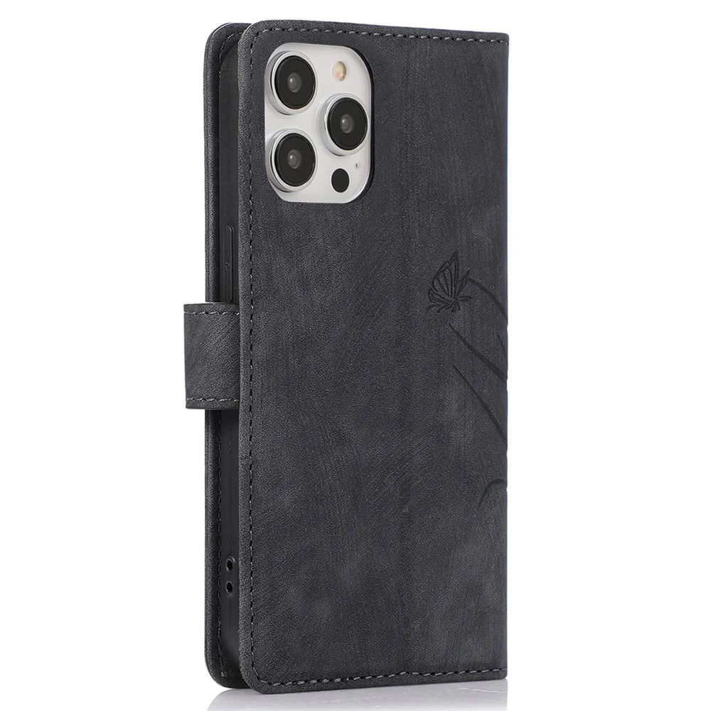 For iPhone 13 Pro Leather Wallet Case with Strap Orchid Butterfly Pattern - Black - 6