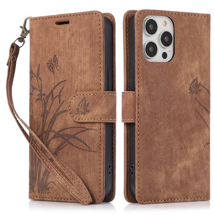 PU Leather Flip Case for iPhone 14 Pro Phone Wallet Cover Butterfly Orchid - Brown - 1
