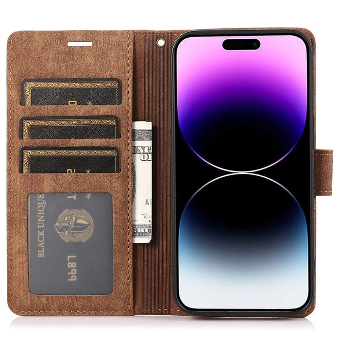 PU Leather Flip Case for iPhone 14 Pro Phone Wallet Cover Butterfly Orchid - Brown - 2