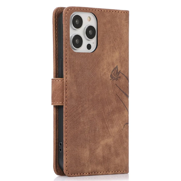 PU Leather Flip Case for iPhone 14 Pro Phone Wallet Cover Butterfly Orchid - Brown - 6