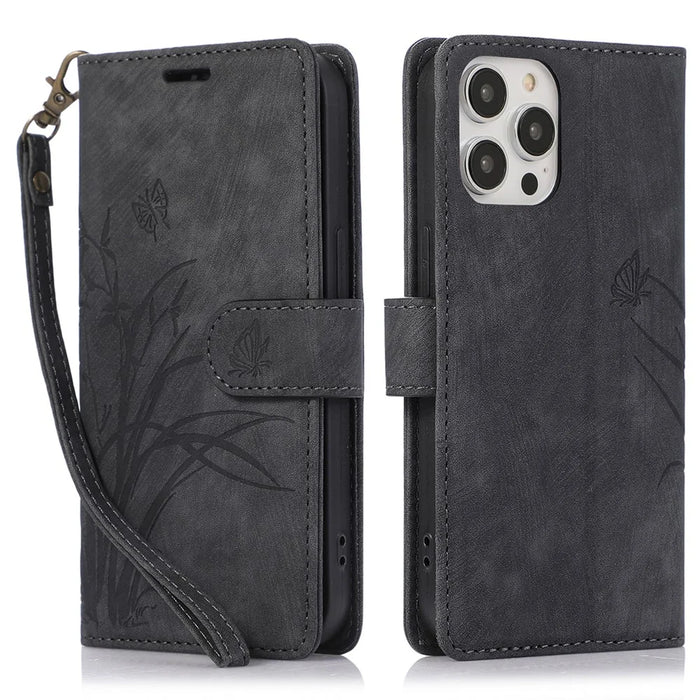For iPhone 14 Pro Max Leather Wallet Case with Hand Strap Orchid Butterfly Pattern - Black - 1