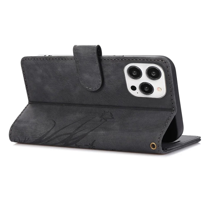 For iPhone 14 Pro Max Leather Wallet Case with Hand Strap Orchid Butterfly Pattern - Black - 3