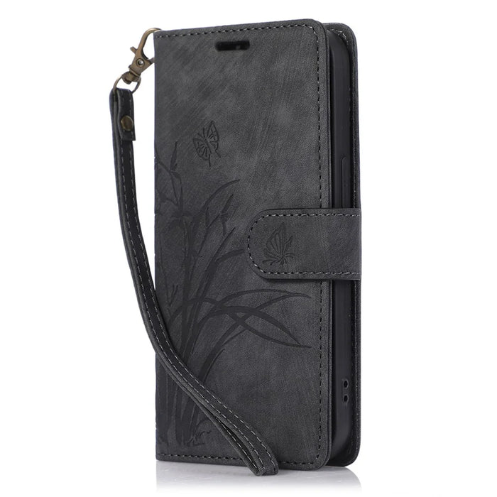For iPhone 14 Pro Max Leather Wallet Case with Hand Strap Orchid Butterfly Pattern - Black - 5