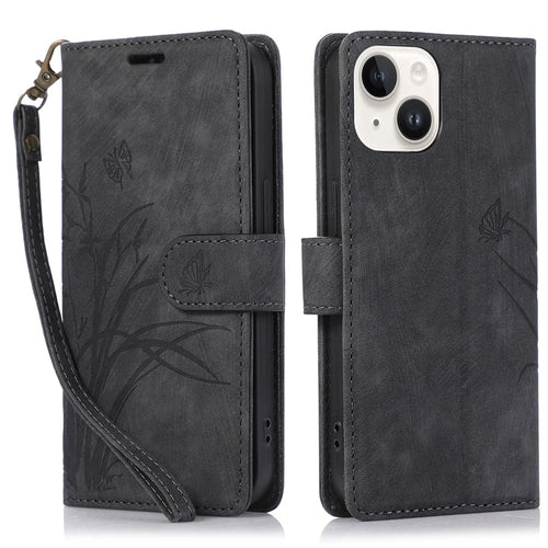 For iPhone 15 Plus Case Leather Flip Wallet Cover with Strap Orchid Butterfly - Black - 1