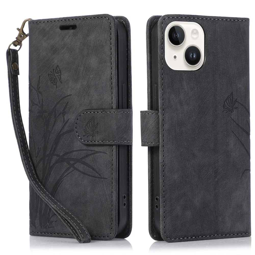 For iPhone 15 Plus Case Leather Flip Wallet Cover with Strap Orchid Butterfly - Black - 1