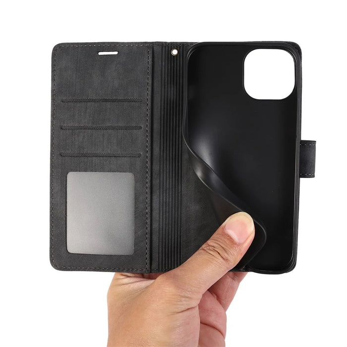 For iPhone 15 Plus Case Leather Flip Wallet Cover with Strap Orchid Butterfly - Black - 4
