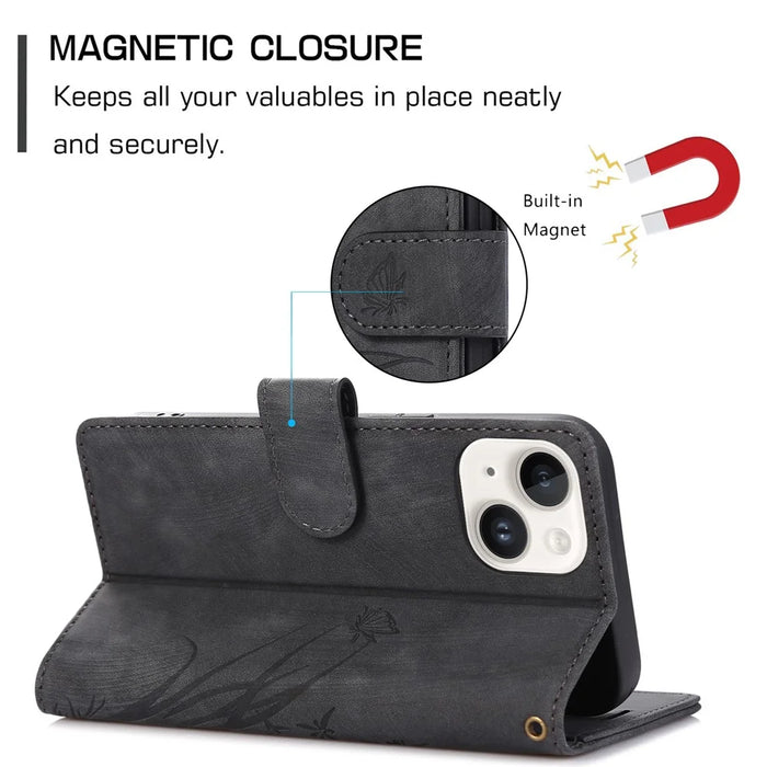 For iPhone 15 Plus Case Leather Flip Wallet Cover with Strap Orchid Butterfly - Black - 6