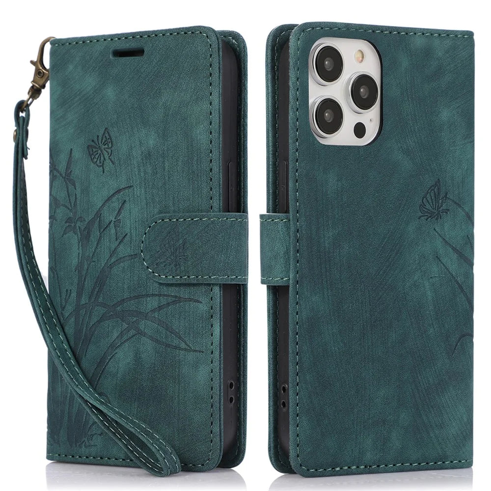 Wallet Stand Cover for iPhone 13 Pro Max Leather Case with Wrist Strap - Green - 1