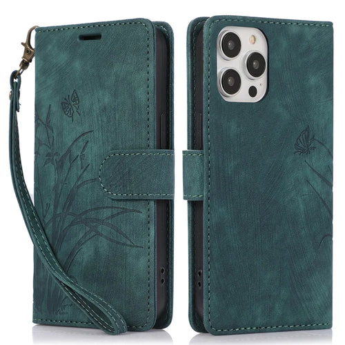 Wallet Stand Cover for iPhone 13 Pro Max Leather Case with Wrist Strap - Green - 1