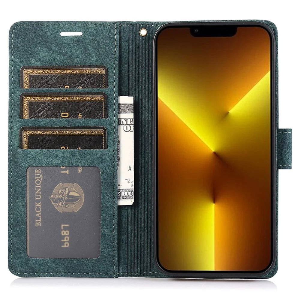Wallet Stand Cover for iPhone 13 Pro Max Leather Case with Wrist Strap - Green - 2