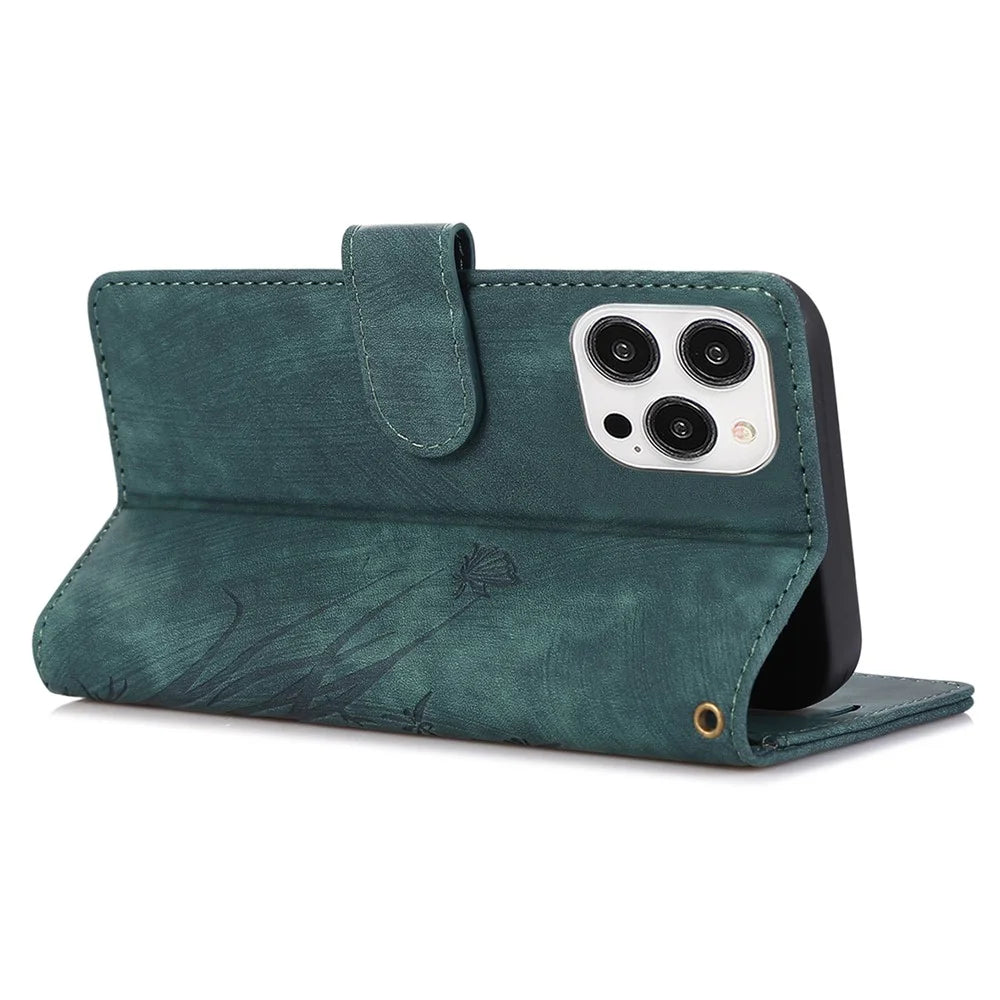 Wallet Stand Cover for iPhone 13 Pro Max Leather Case with Wrist Strap - Green - 3