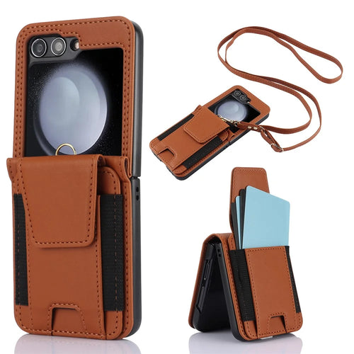 For Samsung Galaxy Z Flip5 5G Crossbody Phone Case Card Holder Leather Cover - Brown - 1
