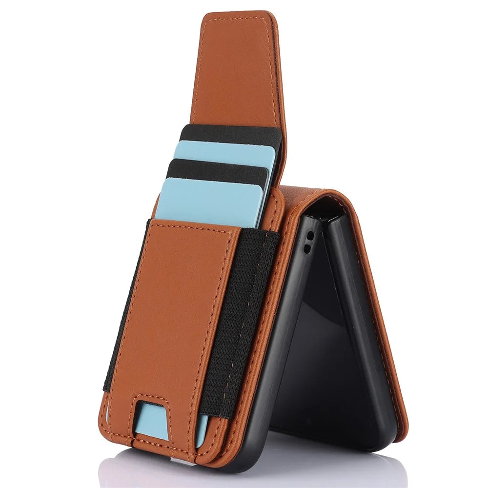 For Samsung Galaxy Z Flip5 5G Crossbody Phone Case Card Holder Leather Cover - Brown - 2