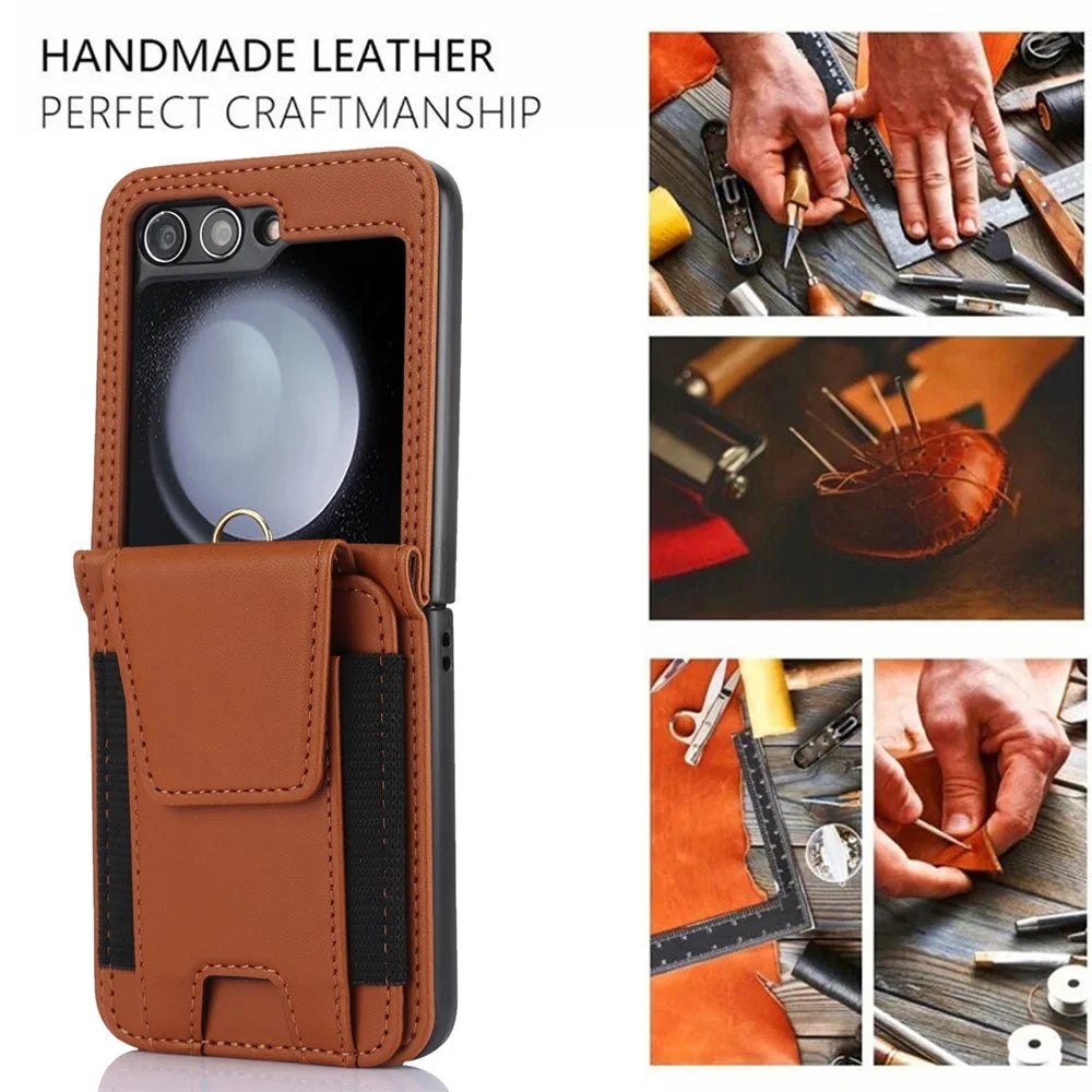 For Samsung Galaxy Z Flip5 5G Crossbody Phone Case Card Holder Leather Cover - Brown - 5
