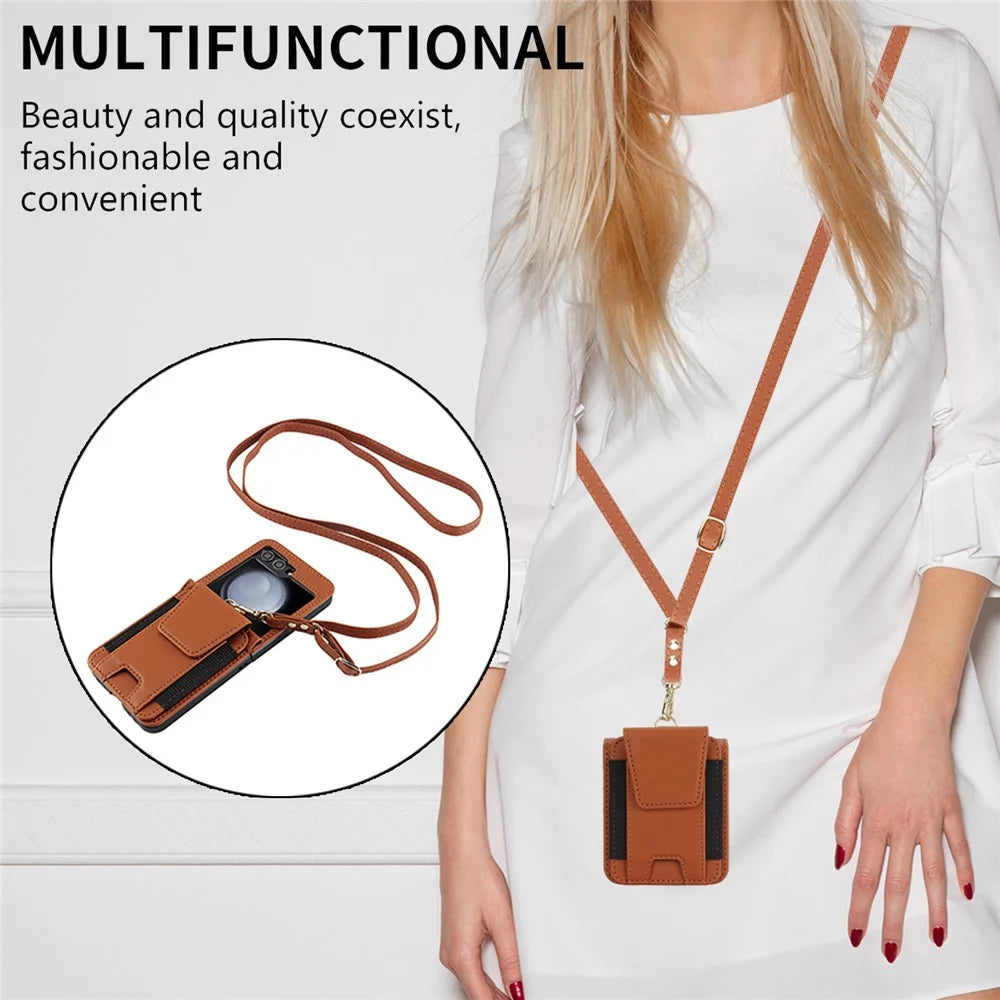 For Samsung Galaxy Z Flip5 5G Crossbody Phone Case Card Holder Leather Cover - Brown - 7
