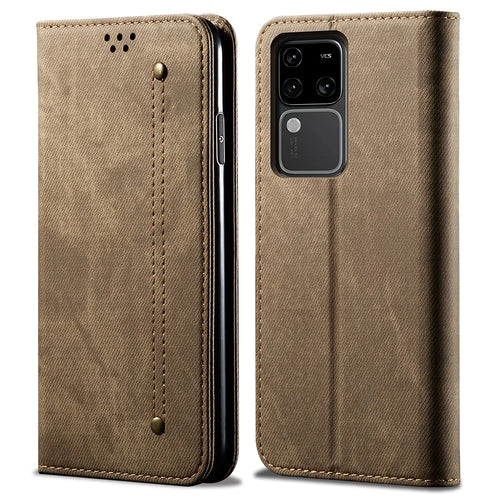 For vivo S18 Pro 5G Stand Case Wallet Jeans Cloth Texture PU Leather Phone Cover - Khaki - 1
