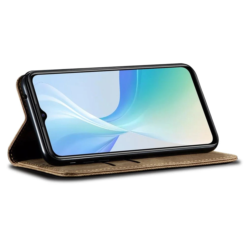 For vivo S18 Pro 5G Stand Case Wallet Jeans Cloth Texture PU Leather Phone Cover - Khaki - 2