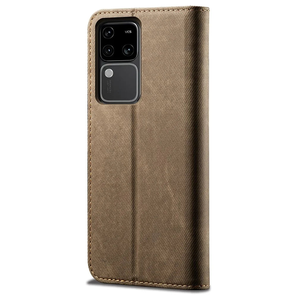 For vivo S18 Pro 5G Stand Case Wallet Jeans Cloth Texture PU Leather Phone Cover - Khaki - 6