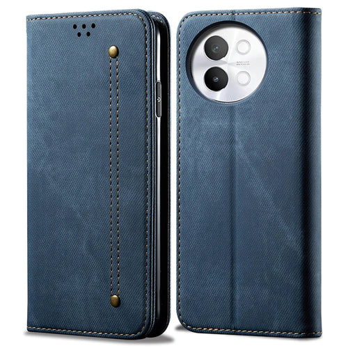 For vivo S18e 5G Phone Cover Stand Wallet Jeans Cloth Texture PU Leather Case - Blue - 1