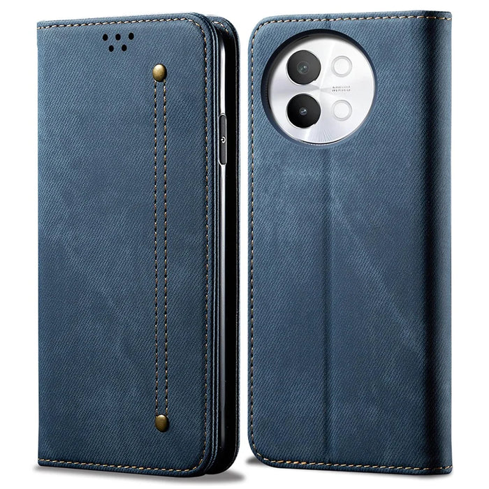 For vivo S18e 5G Phone Cover Stand Wallet Jeans Cloth Texture PU Leather Case - Blue - 1