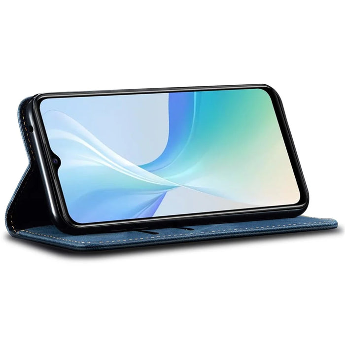 For vivo S18e 5G Phone Cover Stand Wallet Jeans Cloth Texture PU Leather Case - Blue - 2