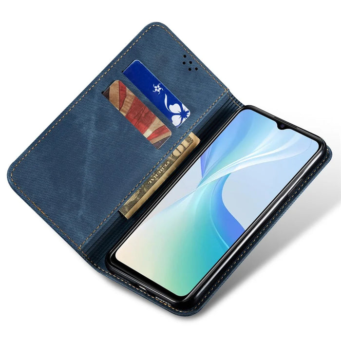 For vivo S18e 5G Phone Cover Stand Wallet Jeans Cloth Texture PU Leather Case - Blue - 3