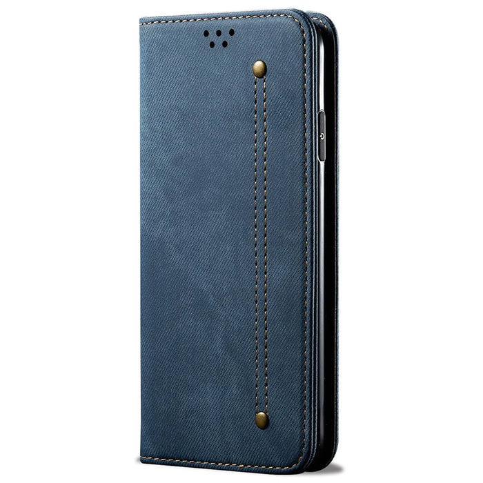 For vivo S18e 5G Phone Cover Stand Wallet Jeans Cloth Texture PU Leather Case - Blue - 5