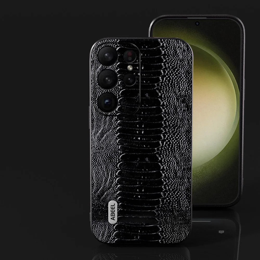 ABEEL For Samsung Galaxy S24 Ultra Crocodile Texture Case Genuine Cow Leather Slim Back Cover - Black - 3