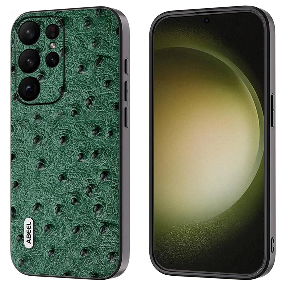 ABEEL For Samsung Galaxy S24 Ultra Case Genuine Cow Leather Ostrich Texture Back Shell Cover  - Green - 1