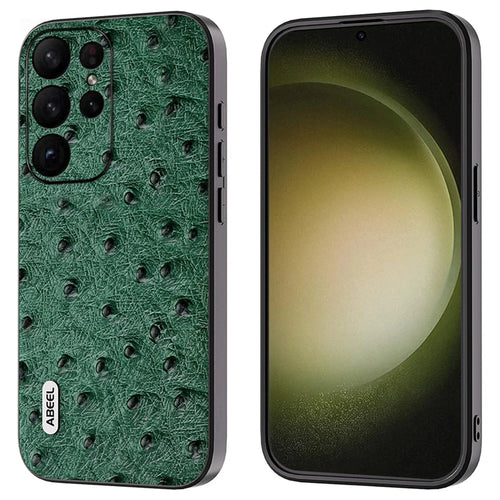 ABEEL For Samsung Galaxy S24 Ultra Case Genuine Cow Leather Ostrich Texture Back Shell Cover  - Green - 1