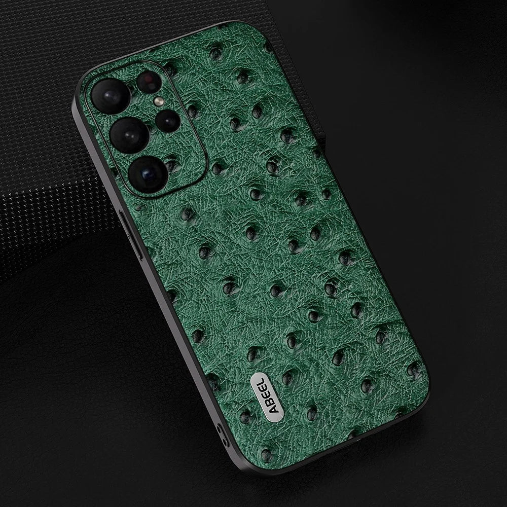 ABEEL For Samsung Galaxy S24 Ultra Case Genuine Cow Leather Ostrich Texture Back Shell Cover  - Green - 2