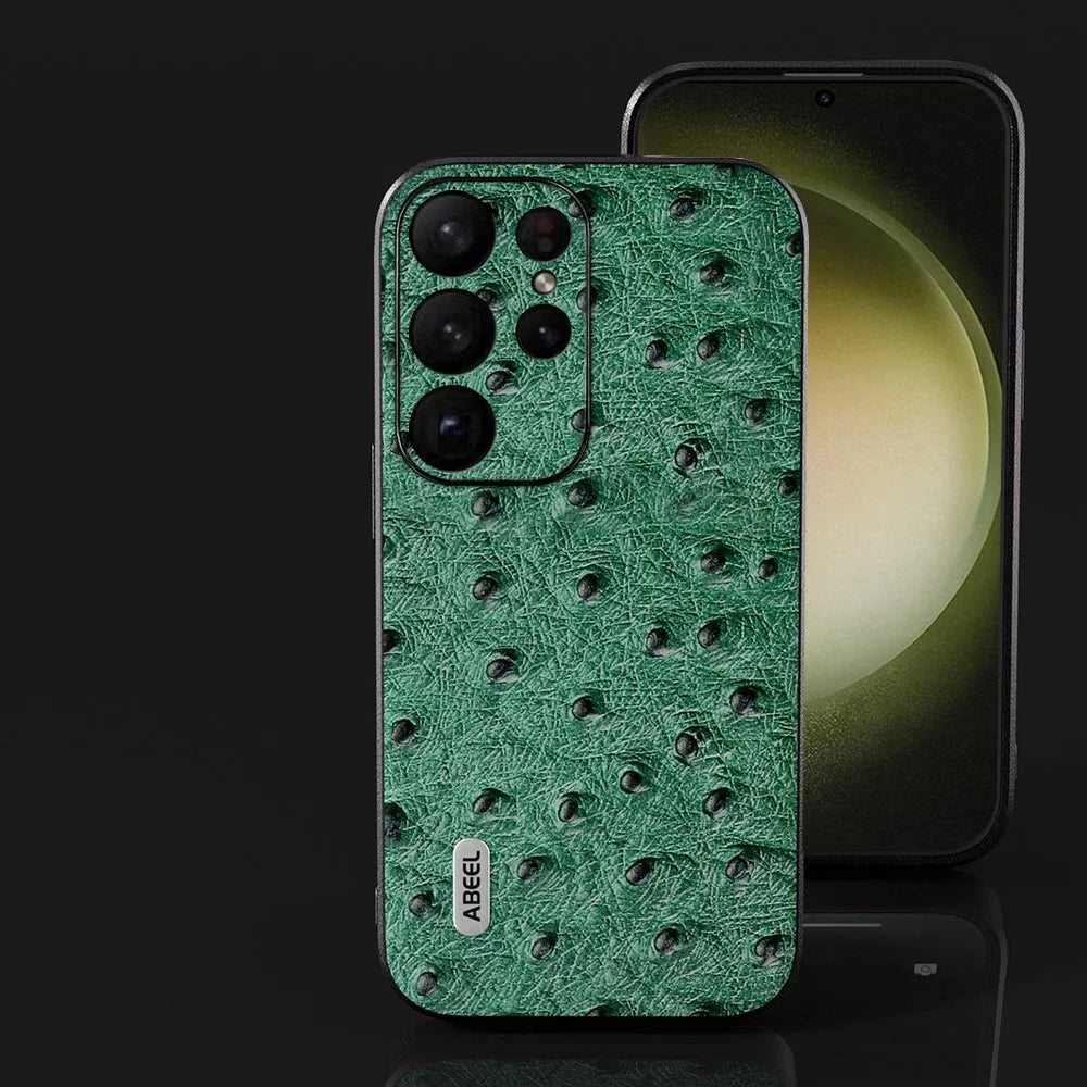 ABEEL For Samsung Galaxy S24 Ultra Case Genuine Cow Leather Ostrich Texture Back Shell Cover  - Green - 3