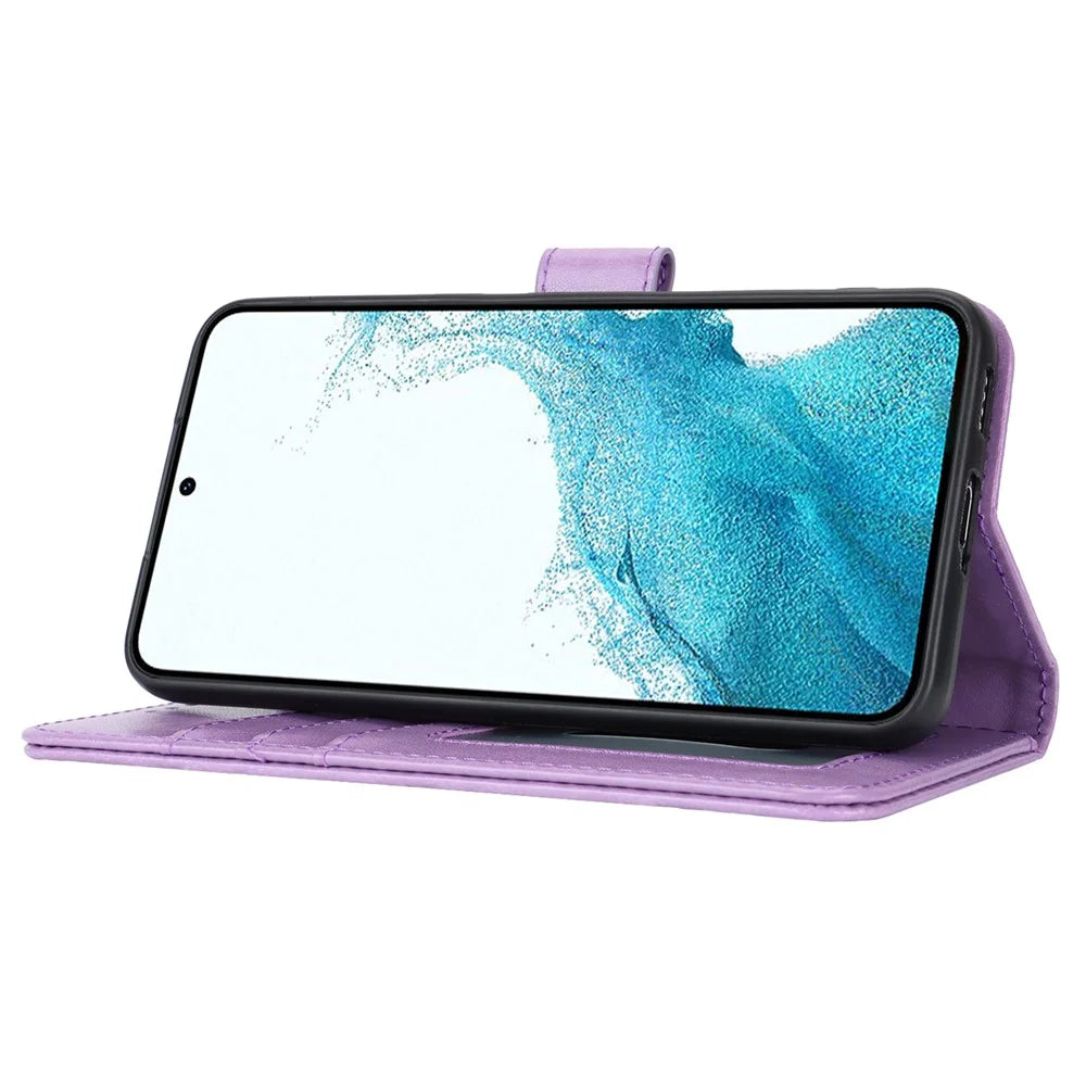 For Samsung Galaxy S22 5G Cell Phone Case R61 Texture PU Leather Wallet Shockproof Cover - Purple - 4