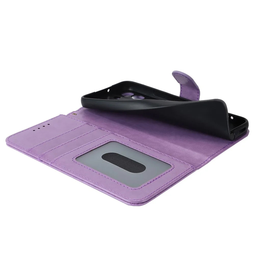 For Samsung Galaxy S22 5G Cell Phone Case R61 Texture PU Leather Wallet Shockproof Cover - Purple - 5