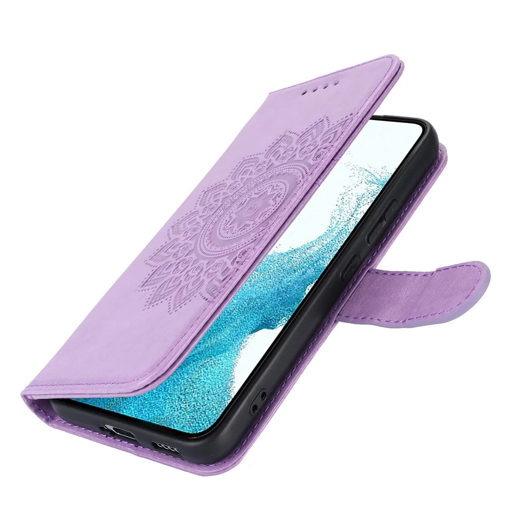 For Samsung Galaxy S22 5G Cell Phone Case R61 Texture PU Leather Wallet Shockproof Cover - Purple - 7