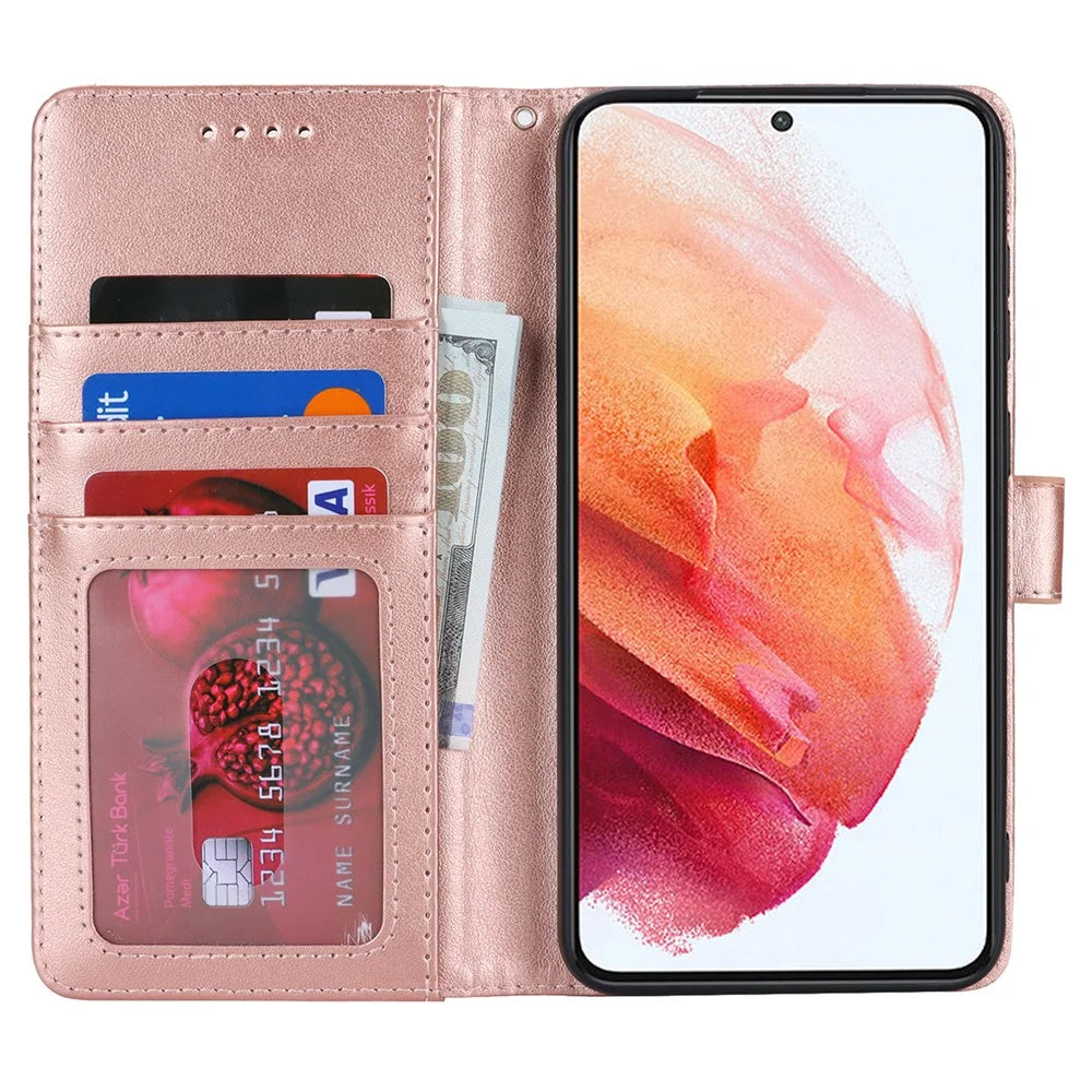 For Samsung Galaxy S21 5G / 4G Cover R61 Texture Leather Stand Shockproof Imprinted Cell Phone Case - Rose Gold - 2