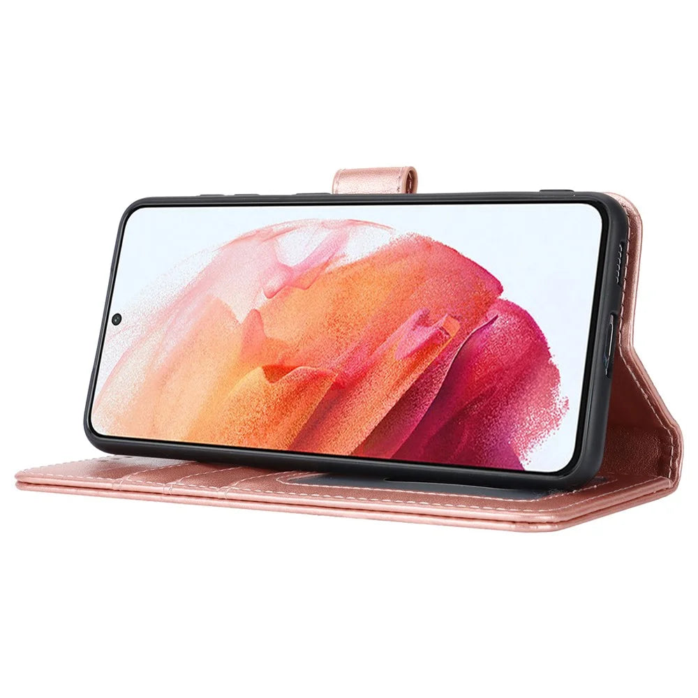 For Samsung Galaxy S21 5G / 4G Cover R61 Texture Leather Stand Shockproof Imprinted Cell Phone Case - Rose Gold - 4