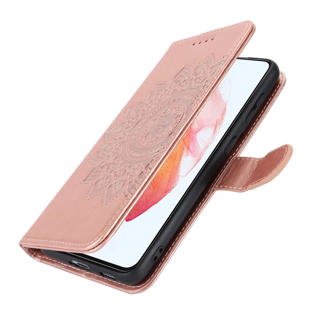 For Samsung Galaxy S21 5G / 4G Cover R61 Texture Leather Stand Shockproof Imprinted Cell Phone Case - Rose Gold - 7