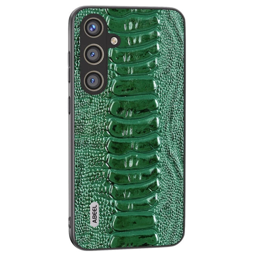 ABEEL For Samsung Galaxy S24 Phone Case Genuine Cow Leather Crocodile Texture Cover - Green - 1