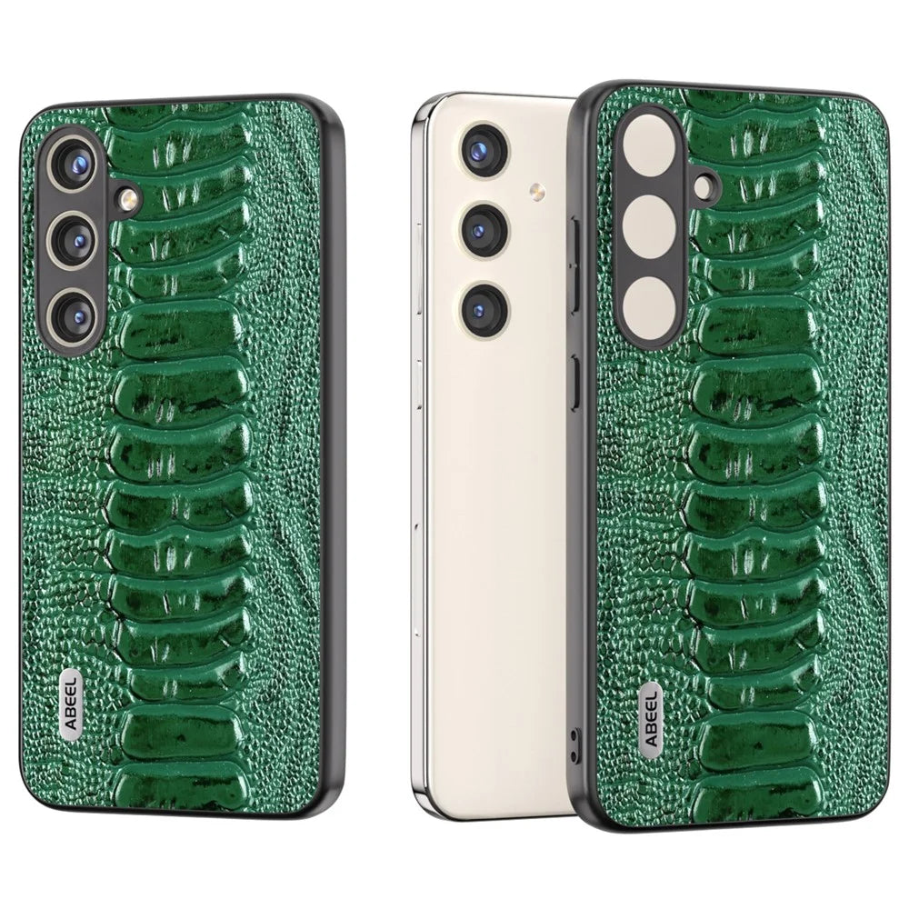 ABEEL For Samsung Galaxy S24 Phone Case Genuine Cow Leather Crocodile Texture Cover - Green - 2