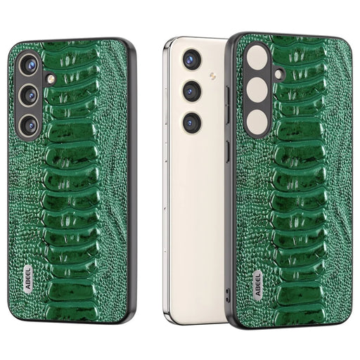 ABEEL For Samsung Galaxy S24 Phone Case Genuine Cow Leather Crocodile Texture Cover - Green - 2
