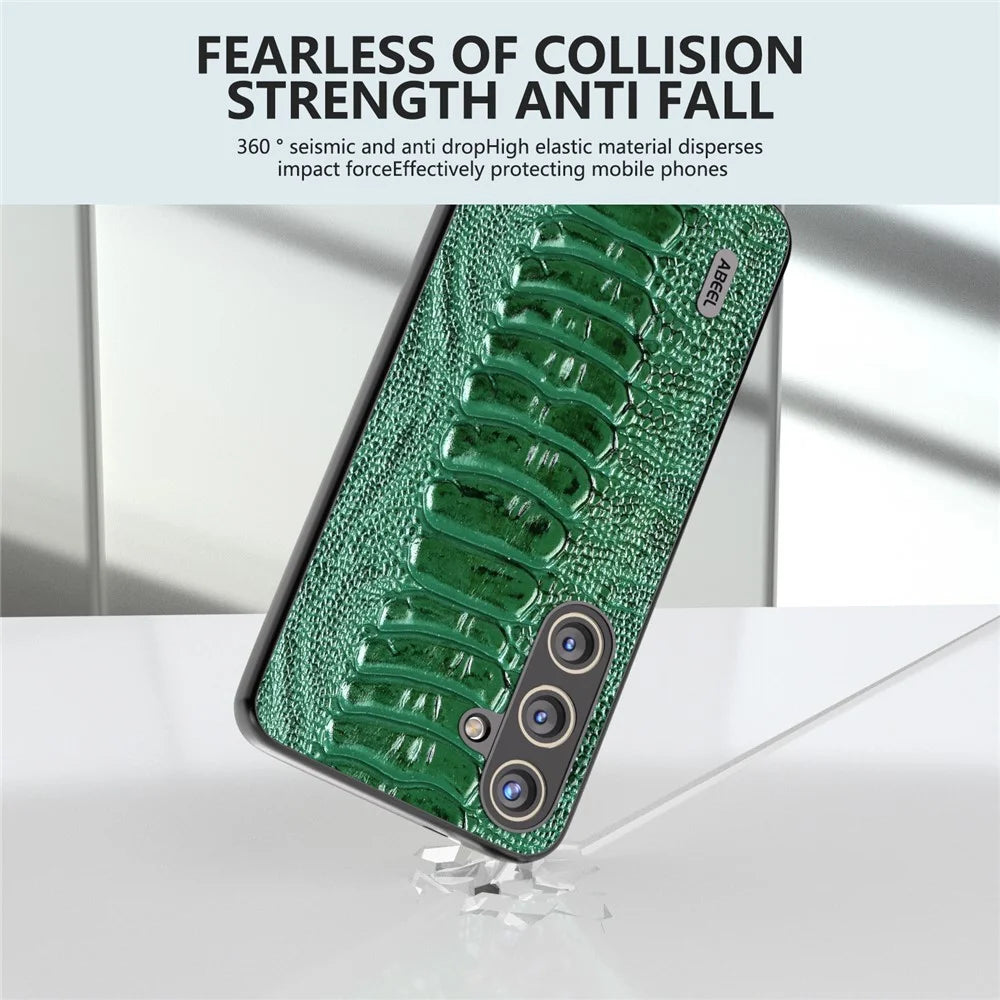 ABEEL For Samsung Galaxy S24 Phone Case Genuine Cow Leather Crocodile Texture Cover - Green - 3