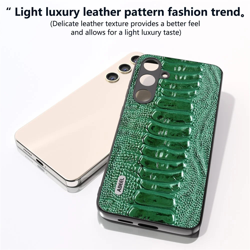 ABEEL For Samsung Galaxy S24 Phone Case Genuine Cow Leather Crocodile Texture Cover - Green - 4