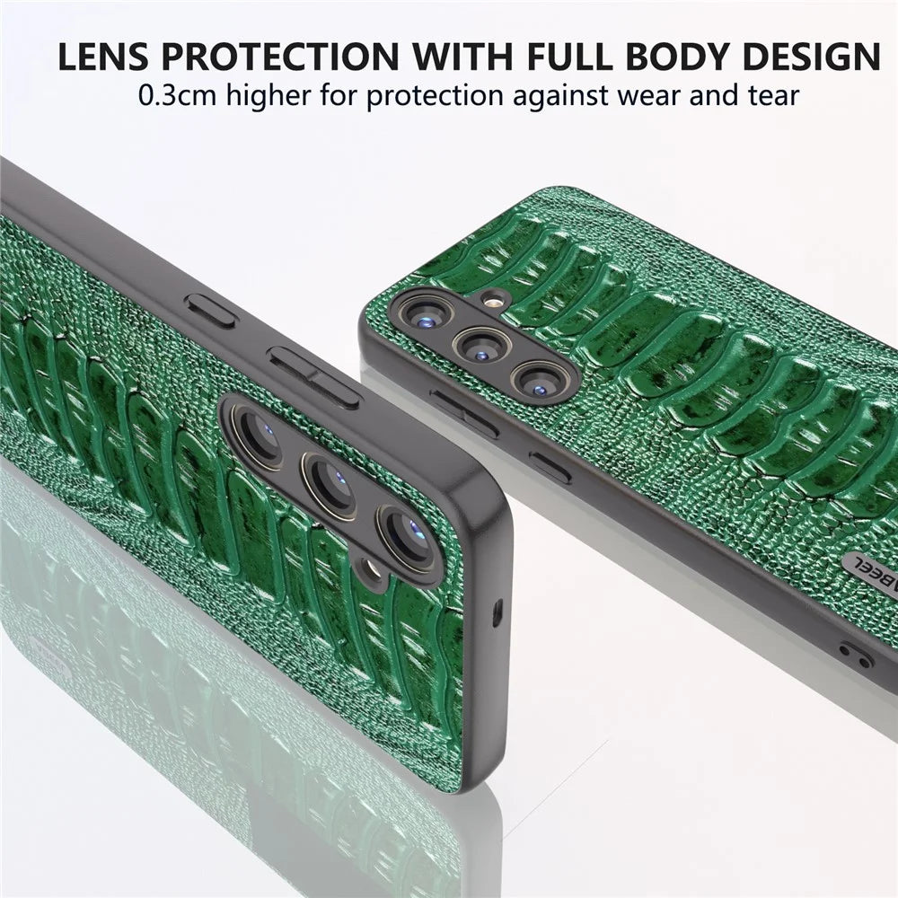 ABEEL For Samsung Galaxy S24 Phone Case Genuine Cow Leather Crocodile Texture Cover - Green - 5