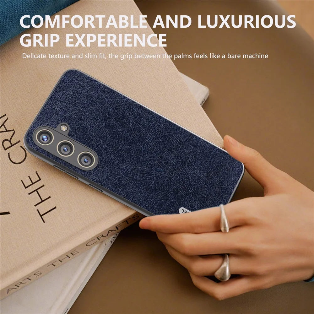 ABEEL For Samsung Galaxy S24+ Litchi Texture Case Leather Coated PC+TPU Phone Cover - Blue - 6