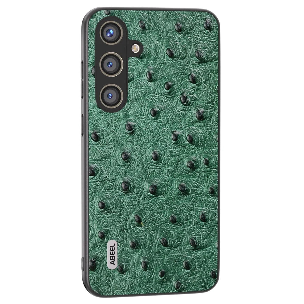 ABEEL For Samsung Galaxy S24+ Genuine Cow Leather Case Anti-slip Ostrich Pattern Phone Cover - Green - 1