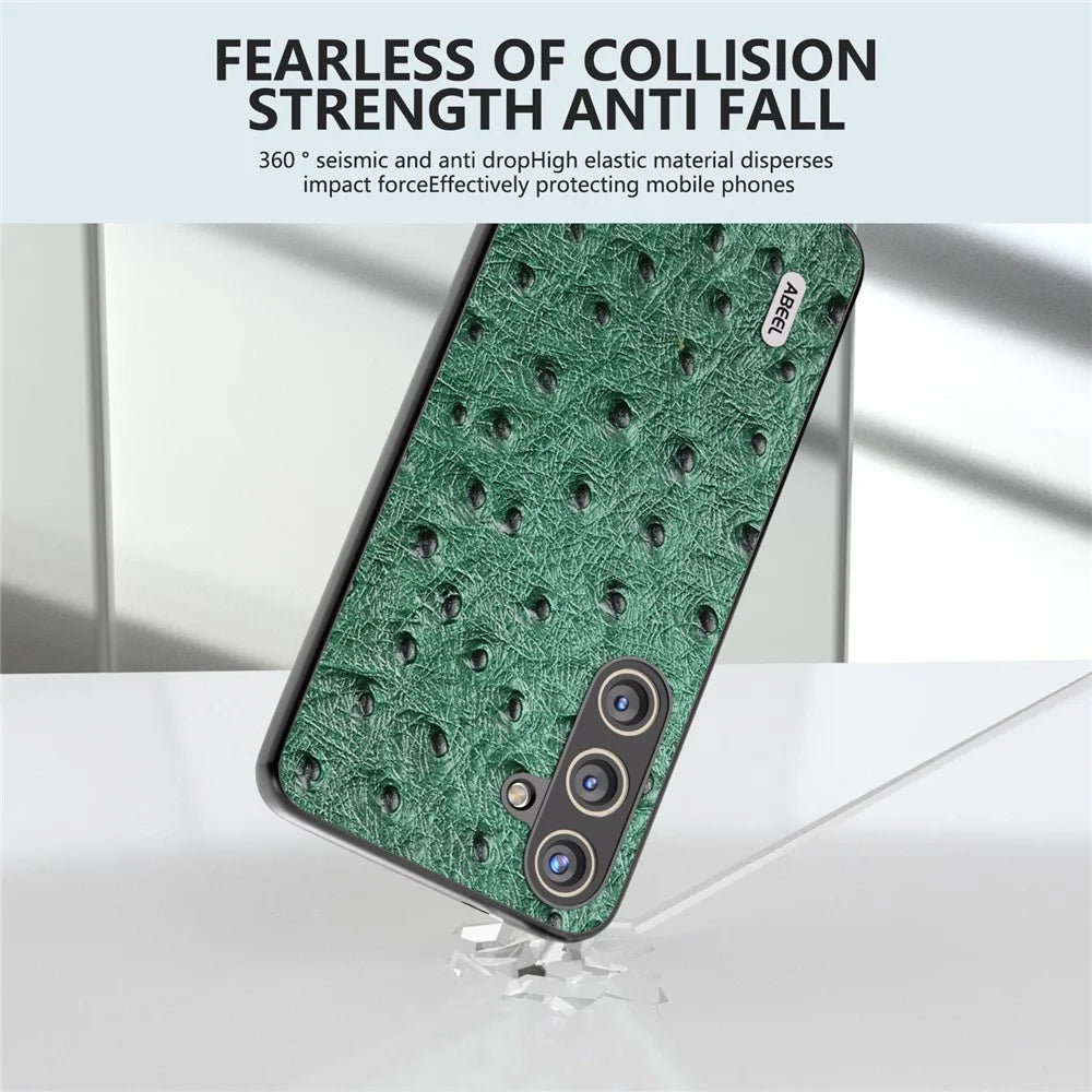 ABEEL For Samsung Galaxy S24+ Genuine Cow Leather Case Anti-slip Ostrich Pattern Phone Cover - Green - 3