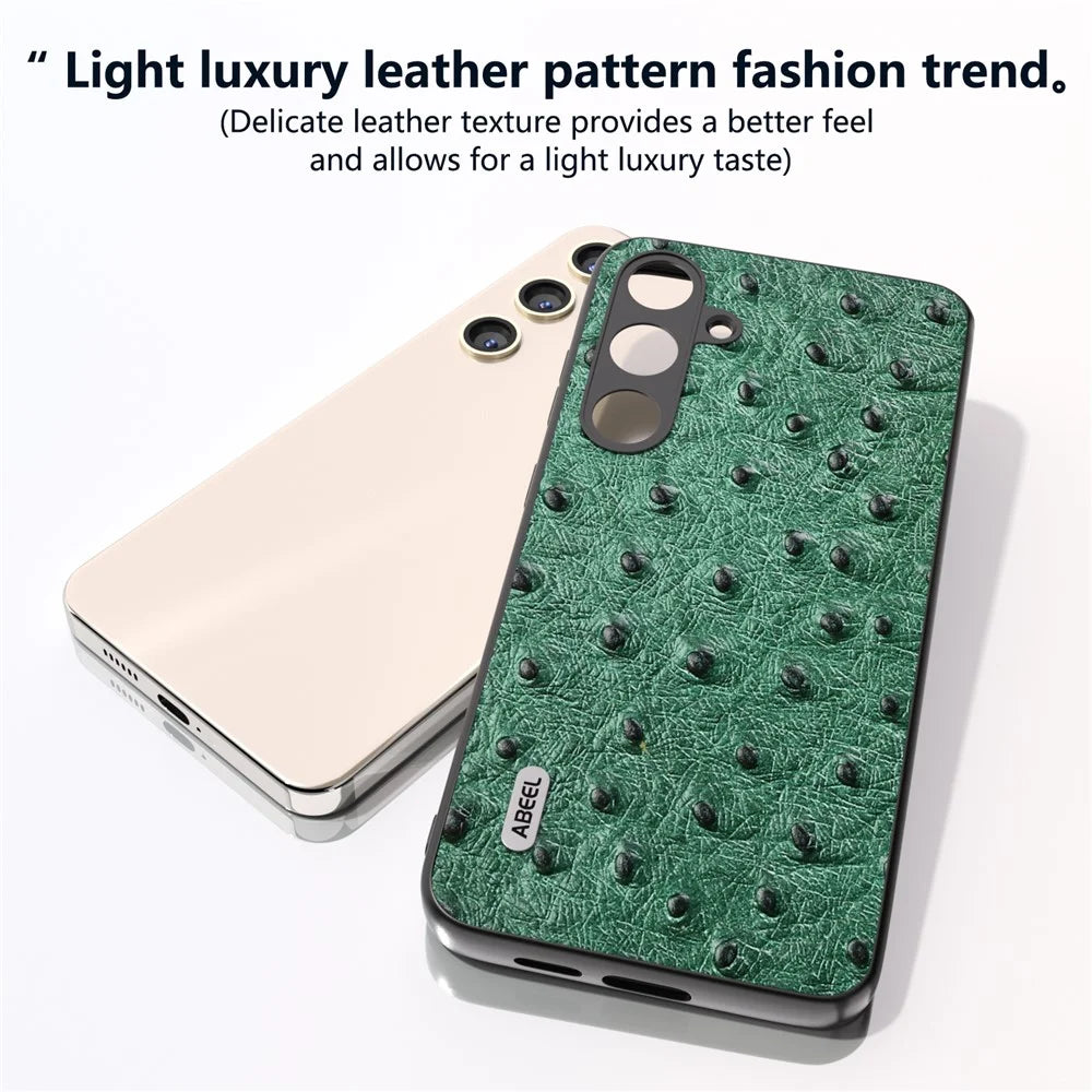 ABEEL For Samsung Galaxy S24+ Genuine Cow Leather Case Anti-slip Ostrich Pattern Phone Cover - Green - 4